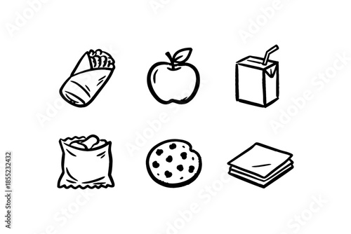 Hand drawn snack icons: wrap, apple, juice box, chips, cookie, sandwich