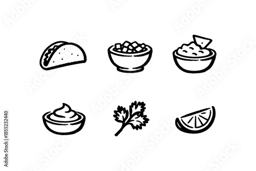 Hand drawn mexican food icons: taco, salsa, guacamole, sour cream