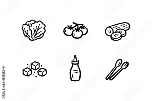 Fresh food icons: leafy greens, tomatoes, cucumbers, sugar, sauce bottle, utensils in bold outline