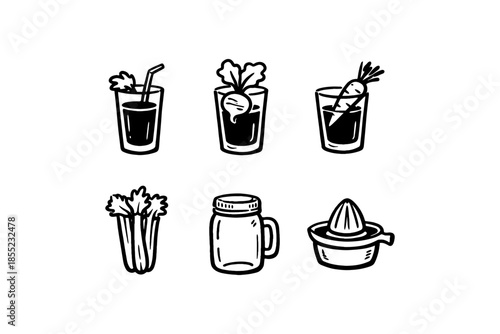 Hand-drawn juice icons with vegetables and kitchen tools