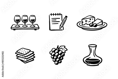 Wine tasting essentials: glasses, cheese, grapes, and more in hand-drawn style