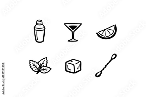 Minimalist cocktail icons: shaker, glass, lemon, mint, ice, stirrer