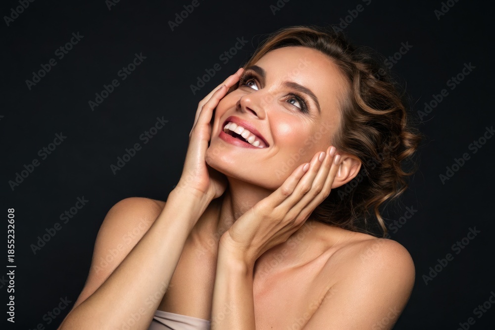 Fototapeta premium Woman Smiles and Poses With Hands on Her Face in a Dark Setting