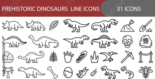Prehistoric dinosaurs and fossils icon set. Containing T-Rex, Triceratops, Stegosaurus, fossils, eggs, volcano, and more.