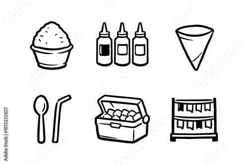 Hand drawn bbq picnic elements with condiments, rice, and beverage accessories