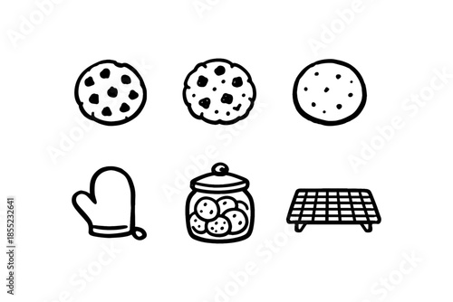 Hand-drawn cookie set with oven mitt, jar, and cooling rack