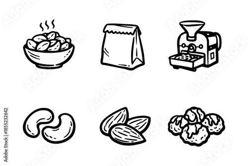 Hand drawn nut icons featuring packaging and processing equipment