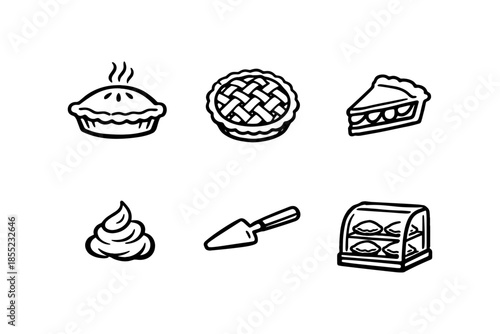 Black and white bakery icons: pies, trowel, cream, and display case