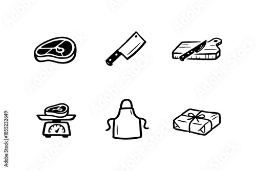Butcher tools and meat: essential kitchen items in hand-drawn style