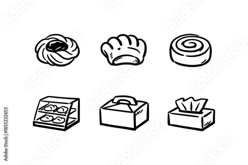 Hand drawn bakery icons: pastries, boxes, and display case