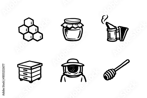 Hand drawn beekeeping icons set featuring honeycomb, jar, and beekeeper