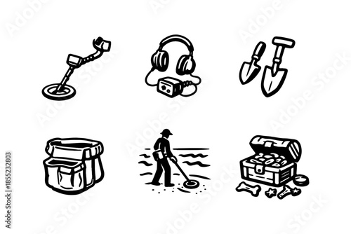 Treasure hunting icons: metal detector, shovel, headphones, treasure chest