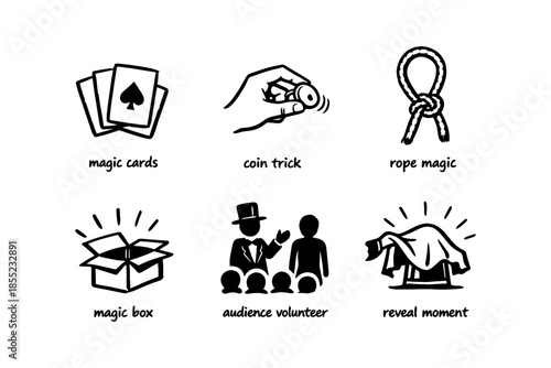 Set of magic trick icons: cards, coins, rope, box, and illusions