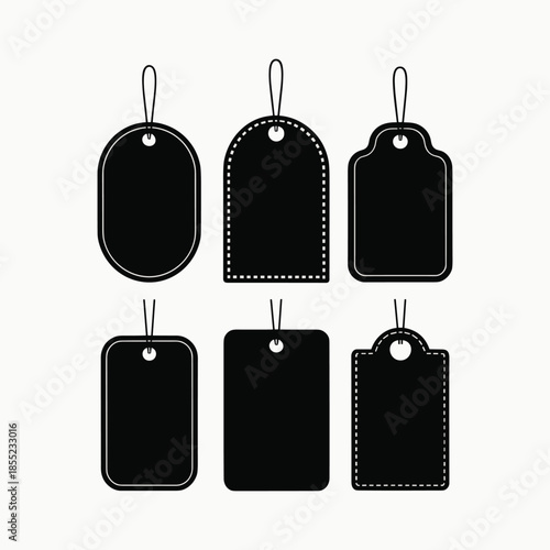 Six black silhouette price tags or labels with strings in different shapes on a white background.