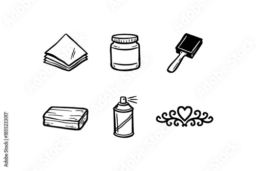 Hand-drawn art supplies collection: brush, paint, spray, paper, ornament