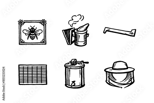 Beekeeping tools and equipment set in hand-drawn style with bee icon