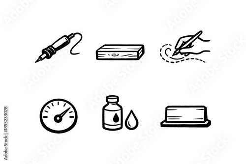 Tattoo equipment and supplies: ink bottle, machine, needle, flash art, soap, practice skin