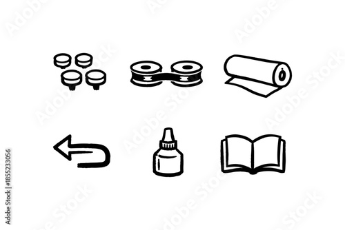 Set of hand drawn icons: contact lenses, paper roll, direction, glue, open book, game tokens