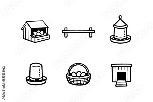Hand-drawn farm icons: chicken coop, egg basket, feeders, and more