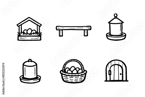 Hand drawn farm elements: chicken nest, fence, feeders, egg basket, door