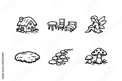 Whimsical fairy tale elements featuring cottage, furniture, fairy, bush, stones, mushrooms in black silhouette style