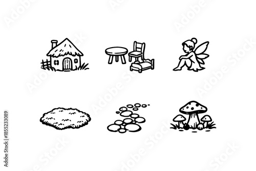 Hand drawn fairy tale elements featuring cottage, fairy, and forest details