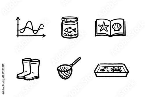 Nature exploration icons: graph, aquarium, sea creatures, boots, net, and basin