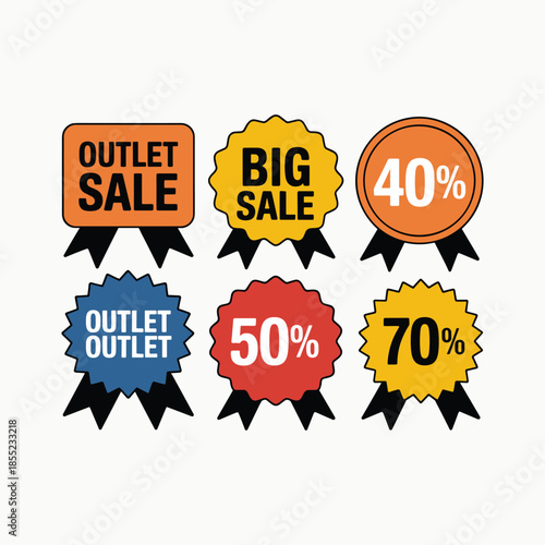Six colorful sale discount badges with text outlet sale big sale 40 percent 50 percent 70 percent label vector illustration isolated on white background.