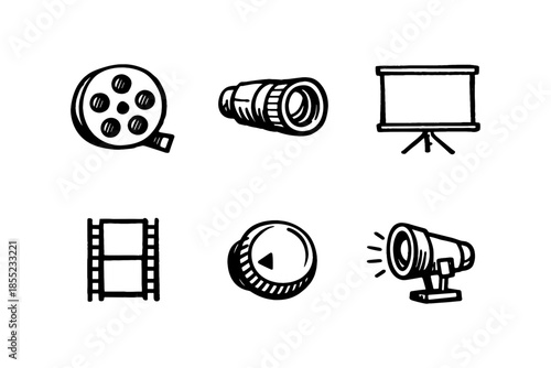 Hand-drawn cinema icons: vintage film reel, projector, and screen elements