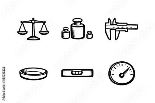 Hand drawn measurement tools: scales, weights, caliper, level, speedometer