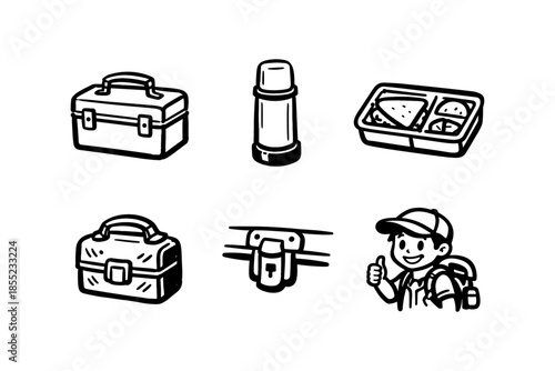 Monochrome picnic icons set: lunchbox, thermos, sandwich, padlock, smiling backpacker