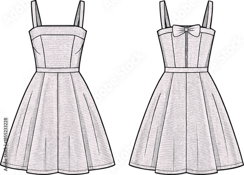 Elegant strapless dress with bow and full skirt Vector