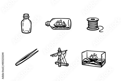 Nautical craft icons: bottle ships and maritime tools in black and white