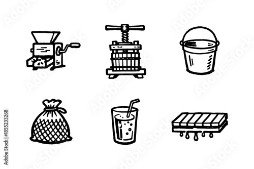 Hand-drawn farm tools and produce icons: grinder, press, bucket, bag, juice, honeycomb