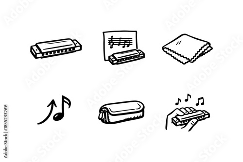Hand drawn harmonica icons with music notes and cloth in black and white style