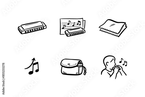 Harmonica essentials: icon set with music notes, cloth, and carry case