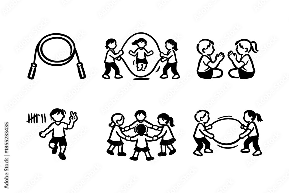 Naklejka premium Children engaging in classic playground games in black and white silhouettes