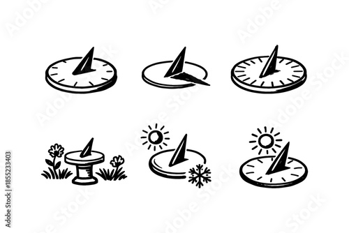Vintage sundial collection: hand drawn timepieces in nature and seasonal settings