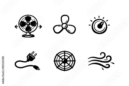 Collection of black and white cooling icons for fan and airflow concepts
