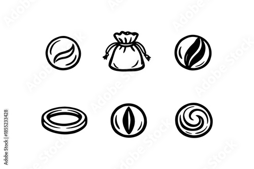 Minimalist icons of coffee beans and burlap bag in black and white