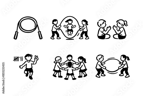 Children engaging in classic playground games in black and white silhouettes