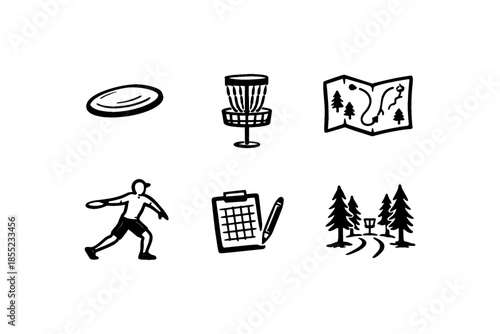 Monochrome disc golf icons: frisbee, basket, map, player, scorecard, forest trail