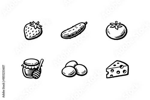 Hand-drawn food icons featuring fruits, vegetables, and dairy in black and white