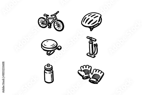 Hand drawn bicycle accessories: helmet, pump, gloves, bell, water bottle