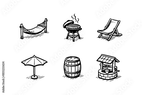 Hand drawn summer backyard elements: hammock, grill, deck chair, and more