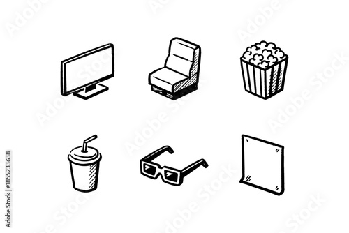 Hand drawn cinema icons: popcorn, 3d glasses, soda, and more