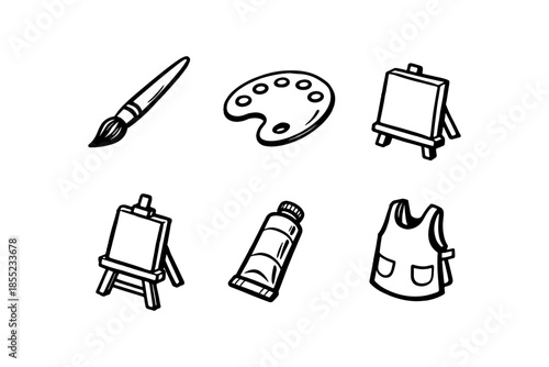 Creative art tools collection: brushes, easels, palettes, paint tubes, and aprons in black and white line art