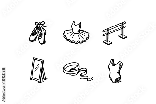 Hand drawn ballet icons set: pointe shoes, tutu, mirror, barre, ribbon, leotard