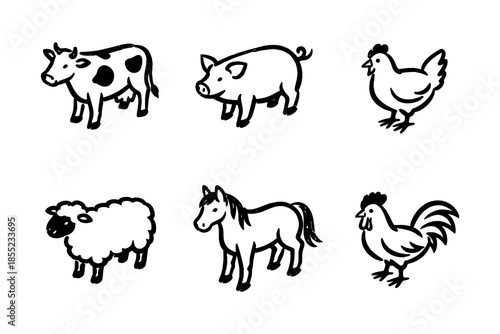 Cute farm animals set: cow, pig, chicken, sheep, horse, rooster - black and white hand-drawn sketches