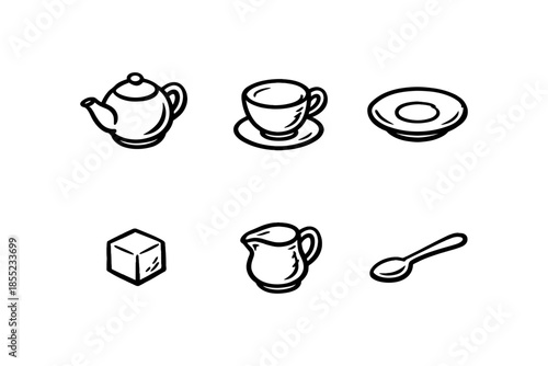 Tea set icons: teapot, cup, saucer, sugar, creamer, spoon in black and white outline